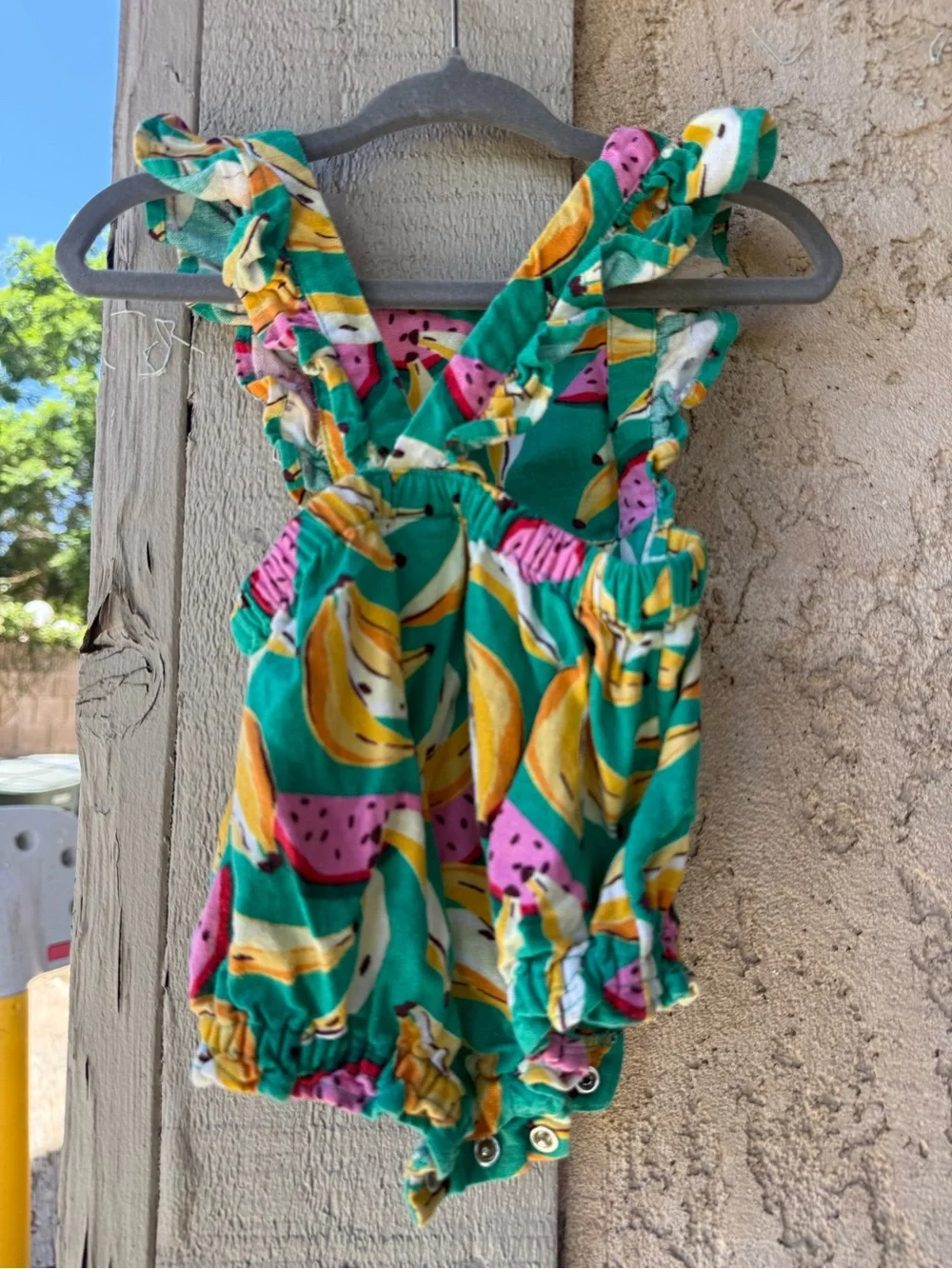 Old Navy Green Banana Print Ruffle Romper with Pink Accents